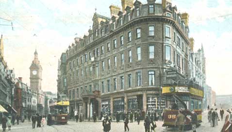 Outside the Westgate Hotel trams cross paths in the 1900s