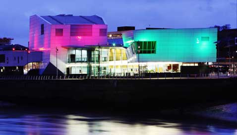 The Riverfront Theatre and Arts Centre lights up at night