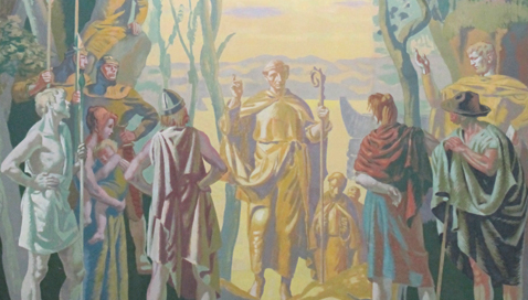Detail from mural in the Civic Centre showing Christianity arriving in Wales